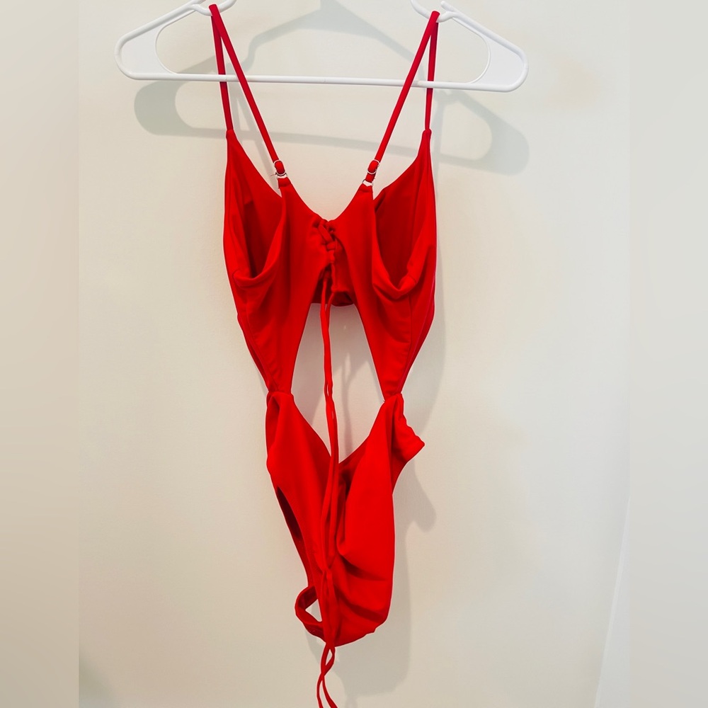 Bondi Suit, Size XL, Red 1 Piece Bathing Suit, cut out front & Back
